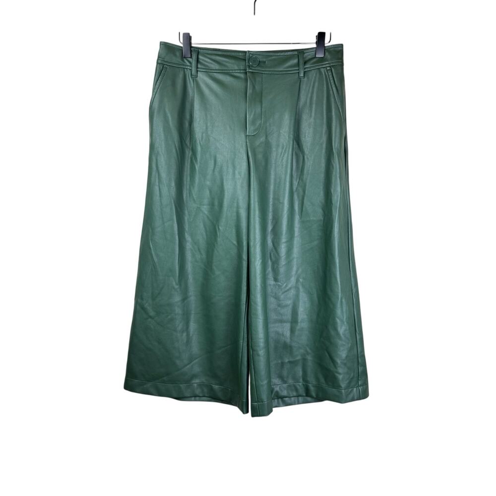 By Anthropologie Dark Green Leather Flowy Flared Capri Culottes